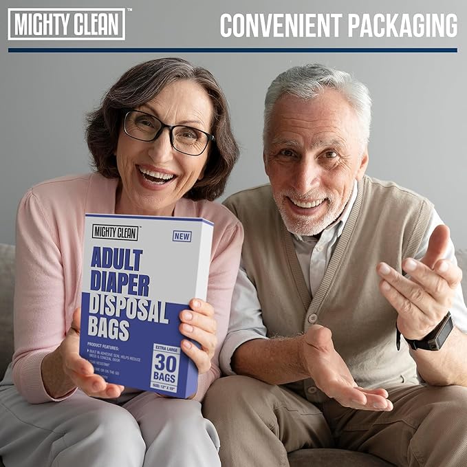 Mighty Clean Extra Large Adult Diaper Disposable Bags - 30 Bags | Leak-Proof, Odor Sealing, Tear Resistant | Discreet for Diapers, Incontinence Pads, Sanitary Product Disposal | Durable and Unscented