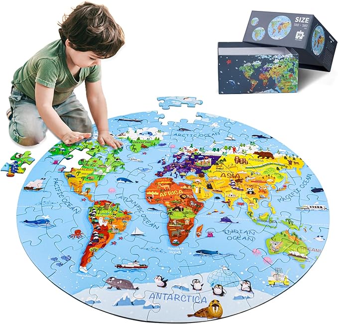 World Map Jigsaw Puzzle for Kids 4-8, 70 Piece Large Round Floor Puzzles for Kids Ages Toddler Puzzle Globe Geography Games Educational Toys Birthday for Children