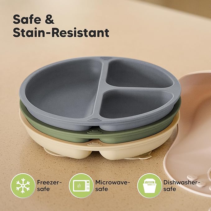 KeaBabies Suction Plates for Baby, Toddler - 3-Pack 100% Silicone Toddler Plates with Suction, Divided, BPA-Free Baby Led Weaning Essentials for Kids, Dishwasher, Microwave Safe, Durable (Slate)