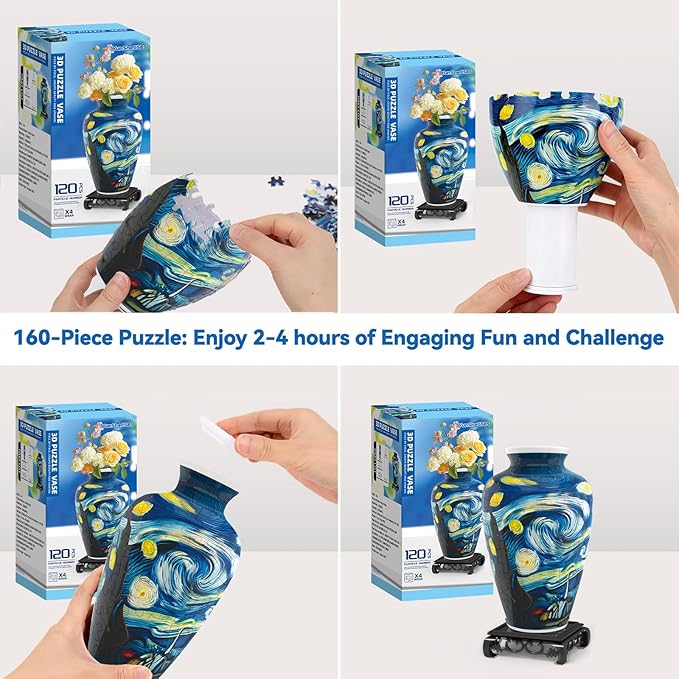 3D Puzzles Vase for Adults, Crafts for Adults, 120 Pieces Plastic DIY Unique Flower Vase with LED Light House Warming Gift Birthday Gifts for Flower Arrangements and Home Decor (Blue)