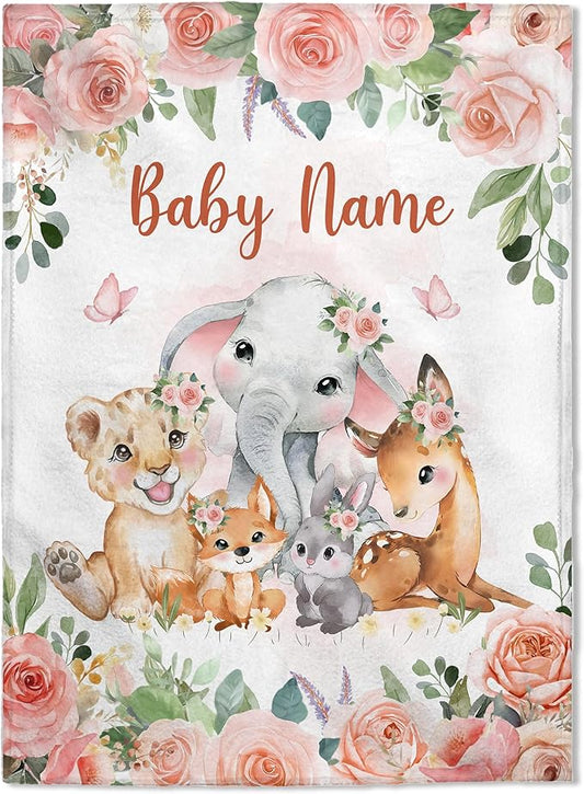 FLOCHIL Personalized Baby Blanket for Girls, Custom Baby Blanket with Name, Customized Baby Products, Gift for Baby, Newborn, Baby Shower (Woodland 2)