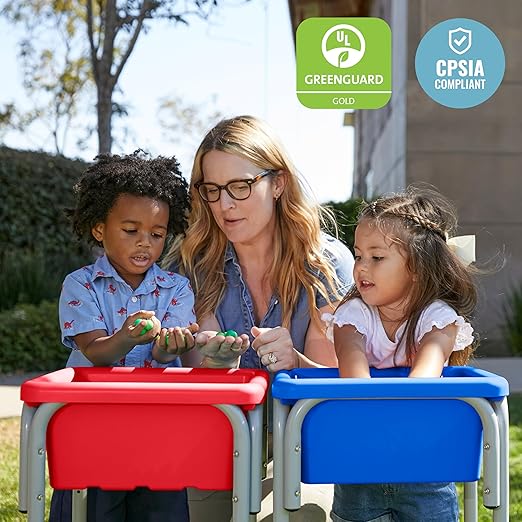 ECR4Kids 2-Station Sand and Water Adjustable Play Table, Sensory Bins, Blue/Red
