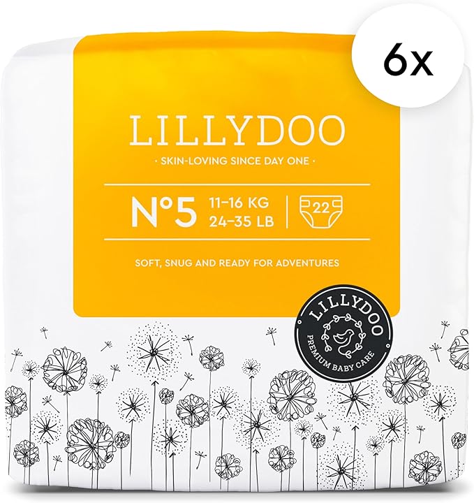 LILLYDOO Baby Diapers - Size 5 (24-35 lbs), Monthly Supply (132 Count), Leak Protection, Skin-Friendly, Ultrasoft, Perfume- & Chlorine-Free, Hypoallergenic, Dermatologist Tested, Oeko-TEX®