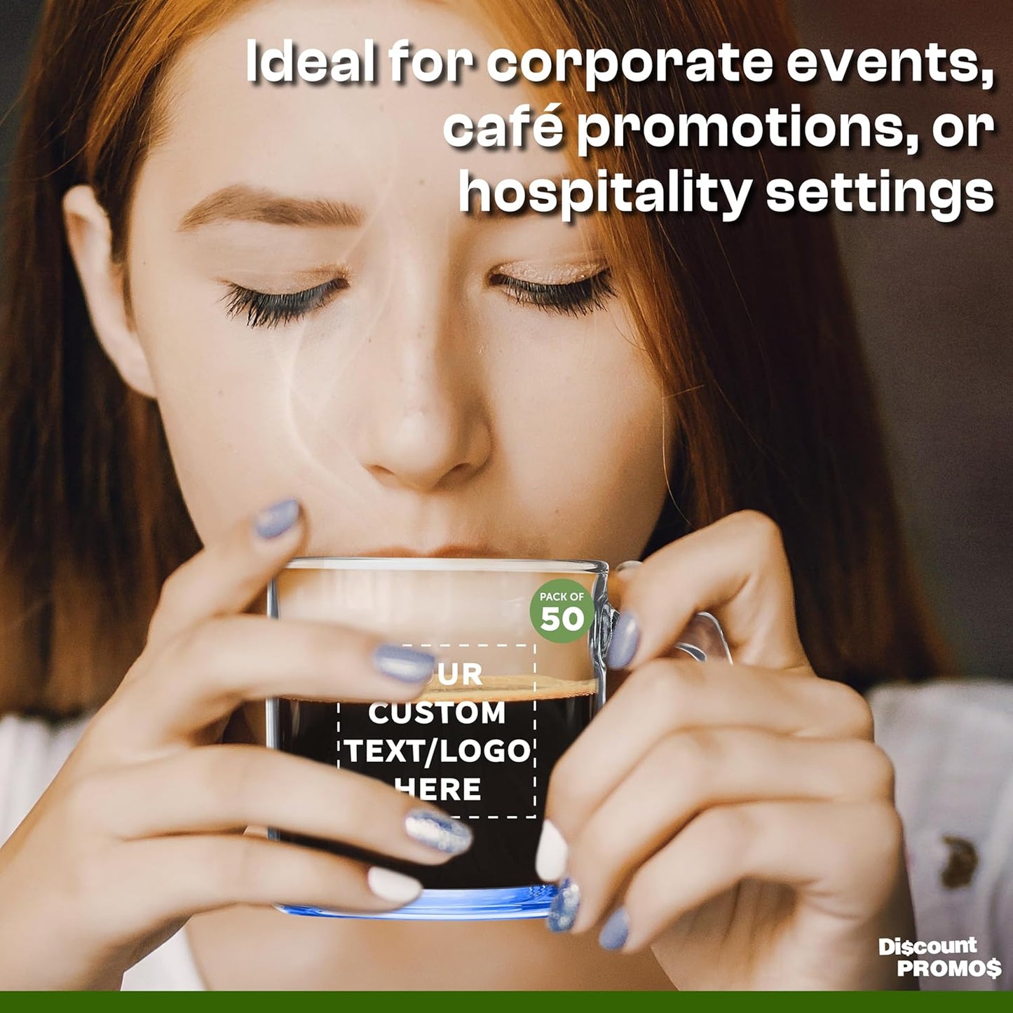 DISCOUNT PTOMOS Custom Small Glass Coffee Mugs 9 oz. Set of 50, Personalized Bulk Pack - Perfect for Coffee, Tea, Espresso, Hot Cocoa, Other Beverages - Blue