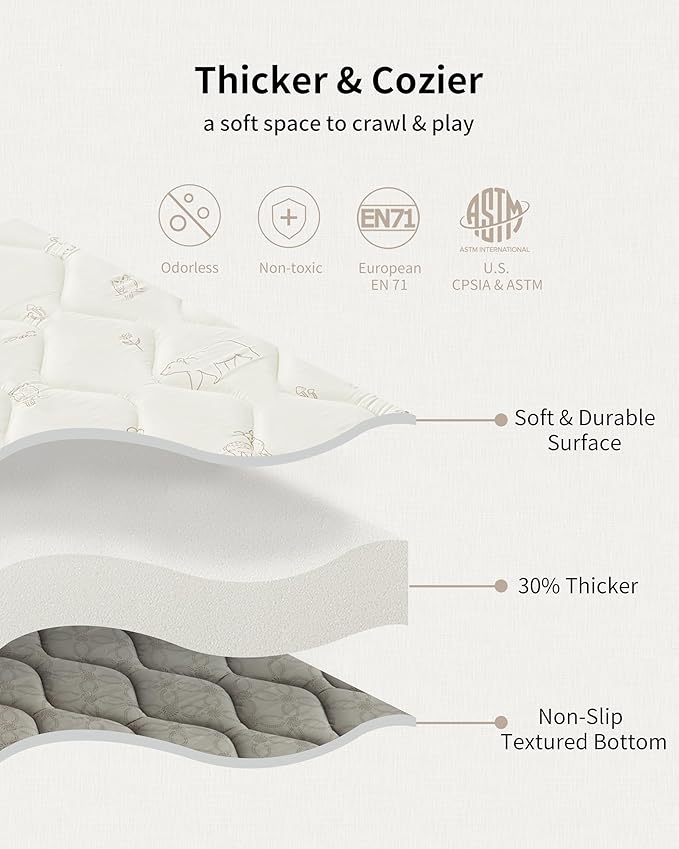 Fortella Baby Play Mat for Playpen & Floor, 47“x47” Foldable Foam Padded Playmats for Babies Toddlers Kids, Washable Soft Non-Slip Crawling Rug, Newborn Tummy Time Nursery Gym Activity (Forest Beige)