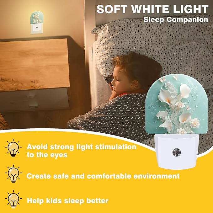 Night Light, White Calla Lilies and Butterflies Night Lights Plug into Wall Dusk to Dawn Sensor Round Nightlight for Women Men Energy Efficient Led Lamp 0.5W for Stairway Hallway Bedroom