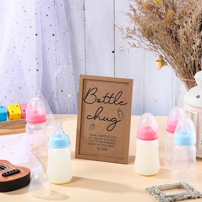 Roowest Bottle Chug Baby Shower Game Favors Including Kraft Theme Wooden Sign and 18 Pcs Baby Bottles for Gender Reveal Party Supplies