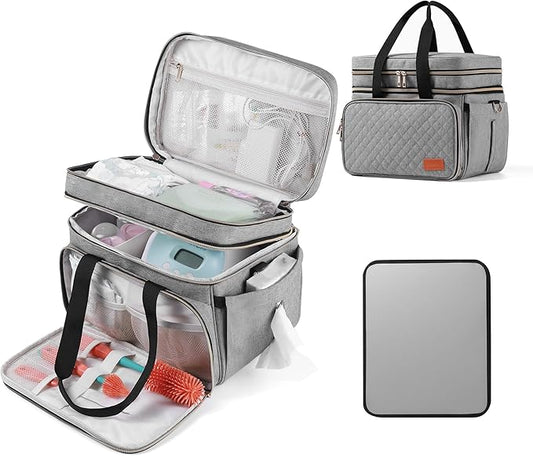 Breast Pump Bag Fits for Spectra S1 and S2, Double Deck Pumping Bag with Waterproof Mat for Pump Accessories, Pump Carrying Bag for Moms Work, Travel - Grey