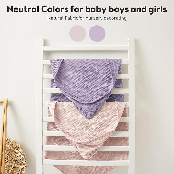 Susurration Hooded Baby Towels for Newborn 2 Pack 100% Muslin Cotton Towel for Babies，Highly Absorbent and Newborn Essential 30x30 Inch Pink&Purple