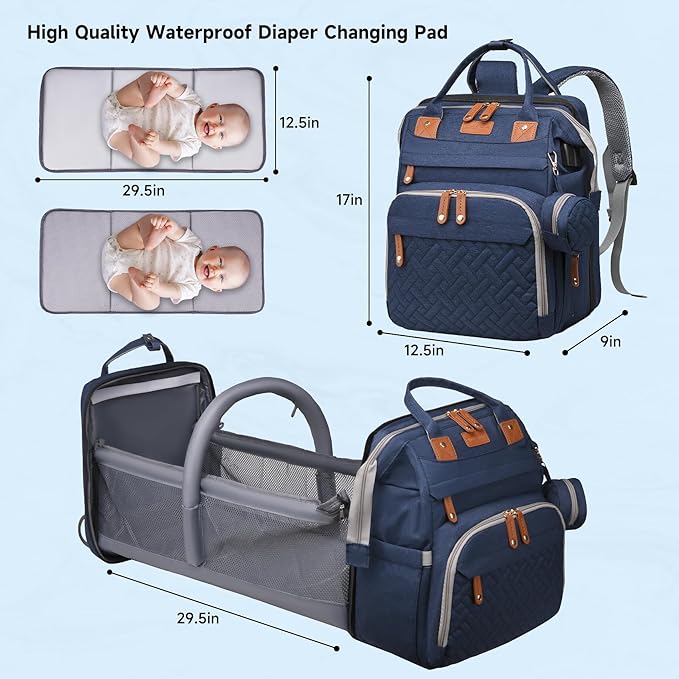 Baby Diaper Bags with Changing Station, Large Capacity Diaper Bag Backpack for Moms Dads with USB Charging Port,Travel Baby Bag with Pacifier Case & Stroller Straps(Up-Blue)
