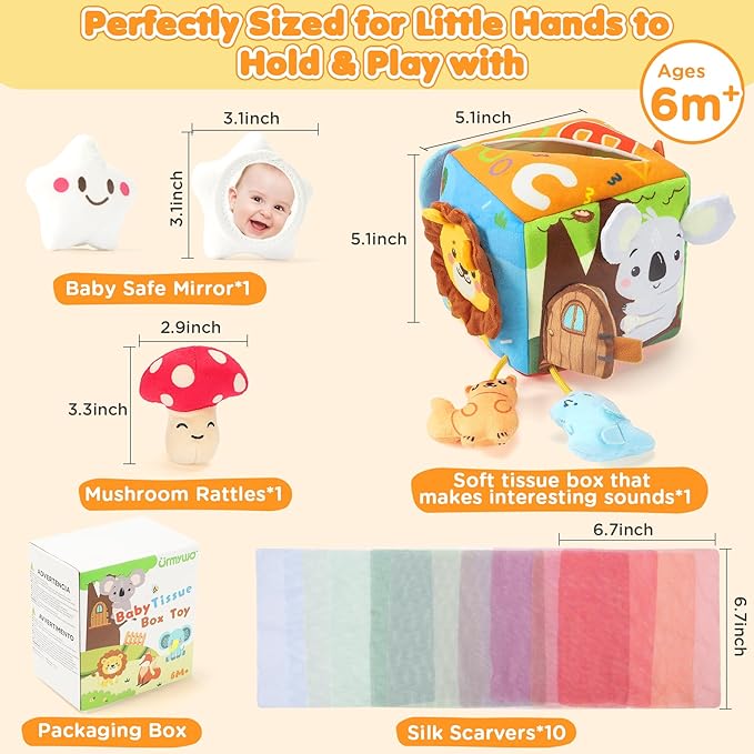 Baby Tissue Box Toy - Baby Toys 6-12 Months Montessori Toys for 6 Month Old with Squeaking Toy Cat, Rattle, Silk Scarves, Safety Mirror, for 1 Year Old - Boy Girl Gifts for Babies 6 9 12 18 Months Old