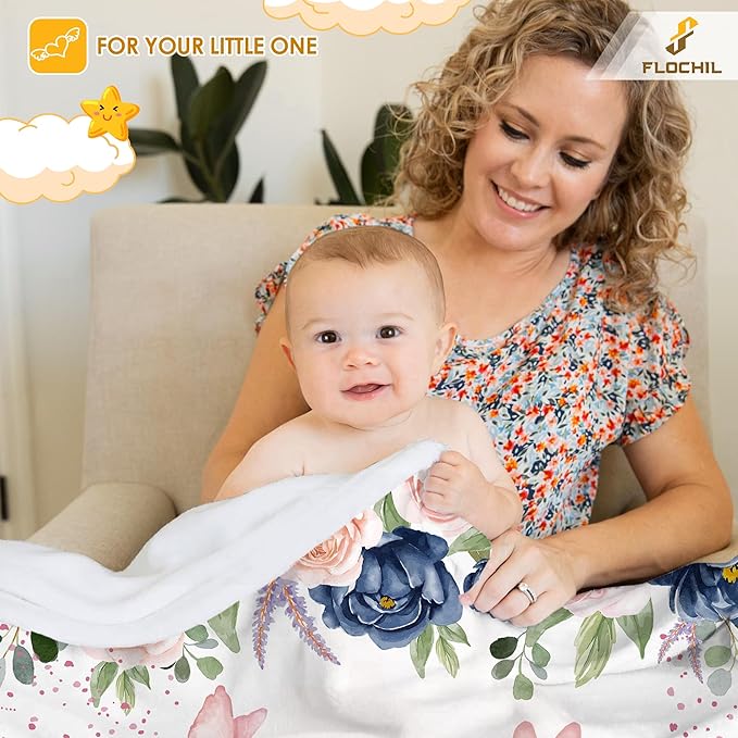 FLOCHIL Personalized Baby Blanket for Girls, Custom Baby Blanket with Name, Customized Baby Products, Gift for Baby, Newborn, Baby Shower (Floral 3)