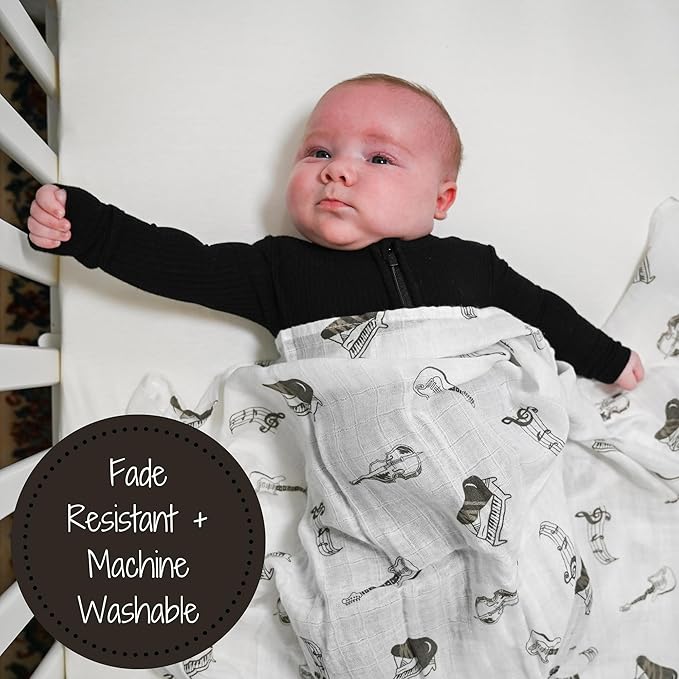 LollyBanks Muslin Swaddle Blankets for Boys and Girls, 100% Cotton Baby Blanket, Large 47 x 47 Inches Soft and Breathable Swaddles for Newborns, Baby Essentials, Registry (Music Instrument Print)