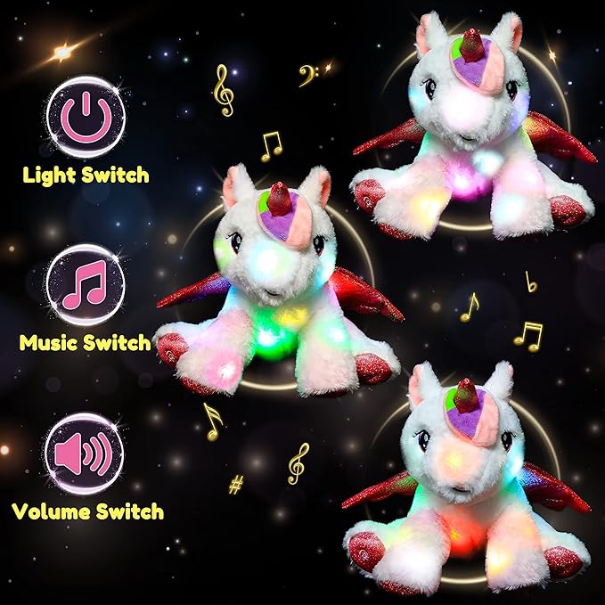 Hopearl LED Musical Stuffed Unicorn Adorable Lighting Up Singing Plush Toy Adjustable Volume Lullaby Animated Soothe Birthday Festival for Kids Toddler Girls, White, 11''
