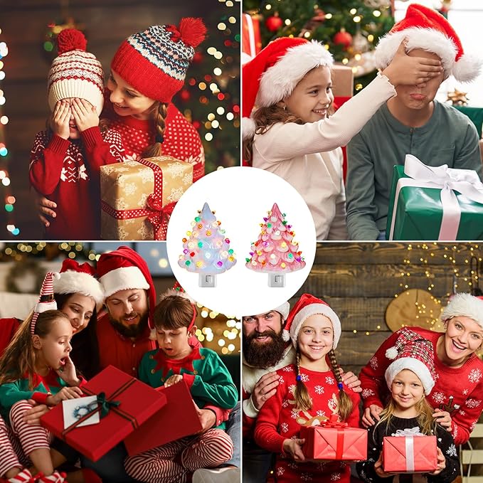 Brightown 2 Pack Ceramic Christmas Tree Night Light, Pink and White