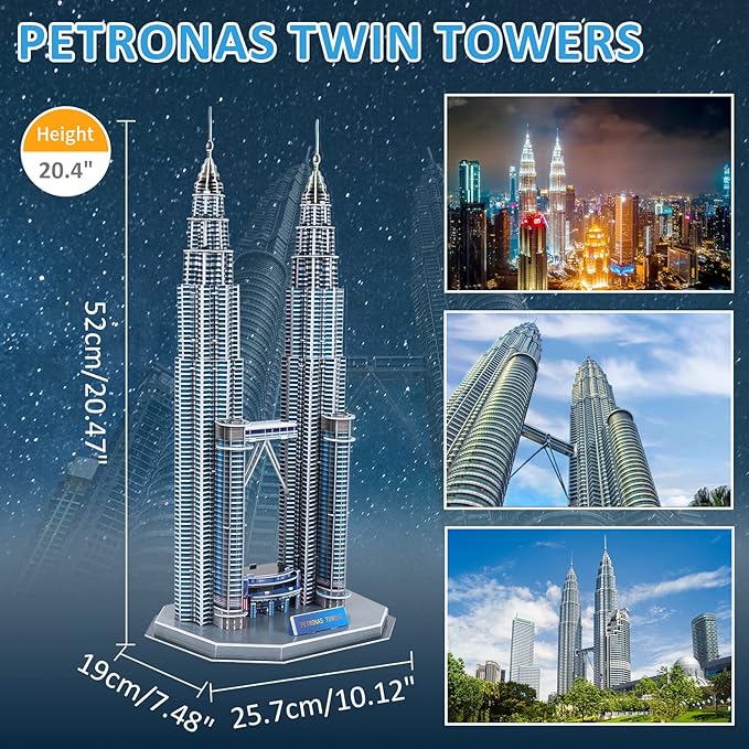 3D Puzzles for Adults & Kids, Petronas Twin Towers City Architecture Building Model Kit, 3-D Jigsaw Puzzles DIY STEM Desk Toys Christmas Birthday Gift for Hobbyist Teens Boys Girls 10-12-14, 130 PCS