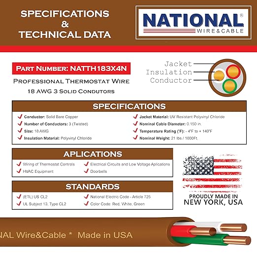 18/3 25Ft. NATIONAL Wire&Cable Thermostat Doorbell HVAC Heating Control Professional Cable Wire - Made in USA - 100% Solid Copper Conductors, CL2 ETL Listed, Low Voltage Applications Use