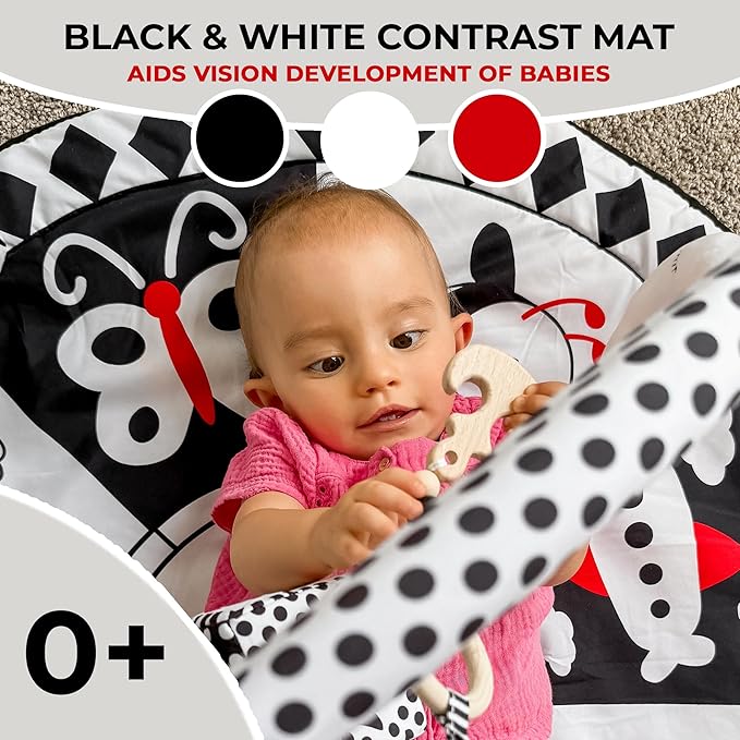 QUOKKA Padded Baby Gym Mat for Floor Tummy Time - Super Soft Black&White Play Gym Mat for Kids Toddlers & Infants - 6 Toys | Thick Pad | Machine Washable | Black White Colors for Vision Development
