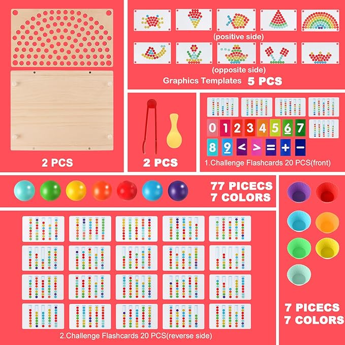 Toddler Learning Montessori Toys for 3 4 5 6 Year Old,Rainbow Stacking and Color Sorting - Number Crunching Clip Bead Matching -Wooden Peg Board Bead Game - Fine Motor Skills Toys