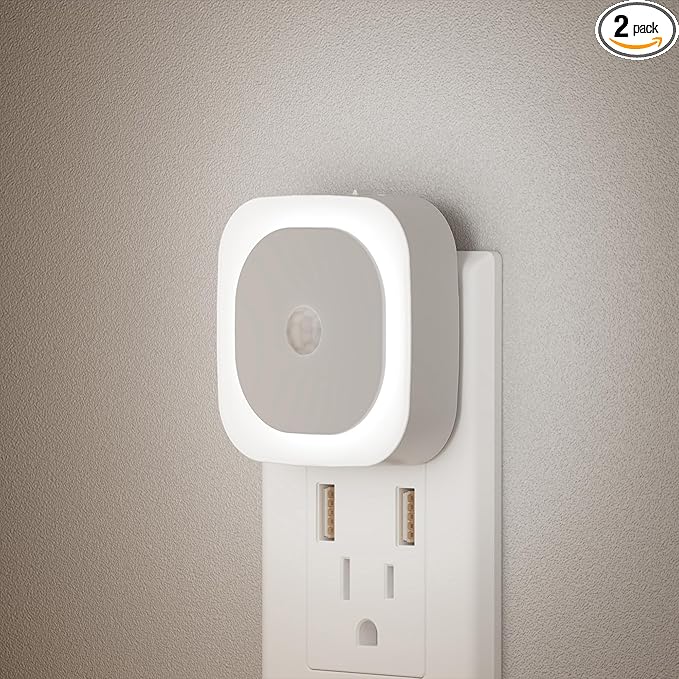 2 Pack Plug in Night Light with Motion Sensor & Dusk to Dawn Sensor, 3 Sensor Modes, Night Lights Plug into Wall, Auto ON/Off, Dimmable Nightlight for Bathroom, Stairs, Kitchen, Cool White