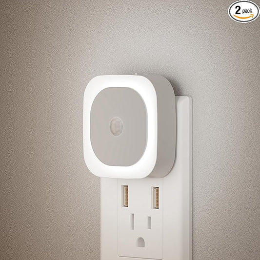 2 Pack Plug in Night Light with Motion Sensor & Dusk to Dawn Sensor, 3 Sensor Modes, Night Lights Plug into Wall, Auto ON/Off, Dimmable Nightlight for Bathroom, Stairs, Kitchen, Cool White