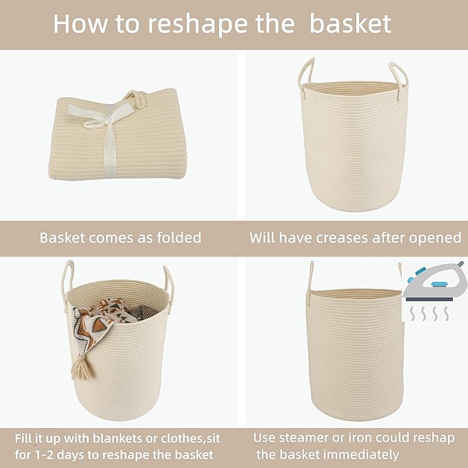 Cotton Rope Laundry Basket Hamper for Clothes Woven Storage Basket for Living Room Bedroom Boho Tall Rope Baskets for Blanket Toys Pillow Towels Baby Nursery Hamper Bin beige