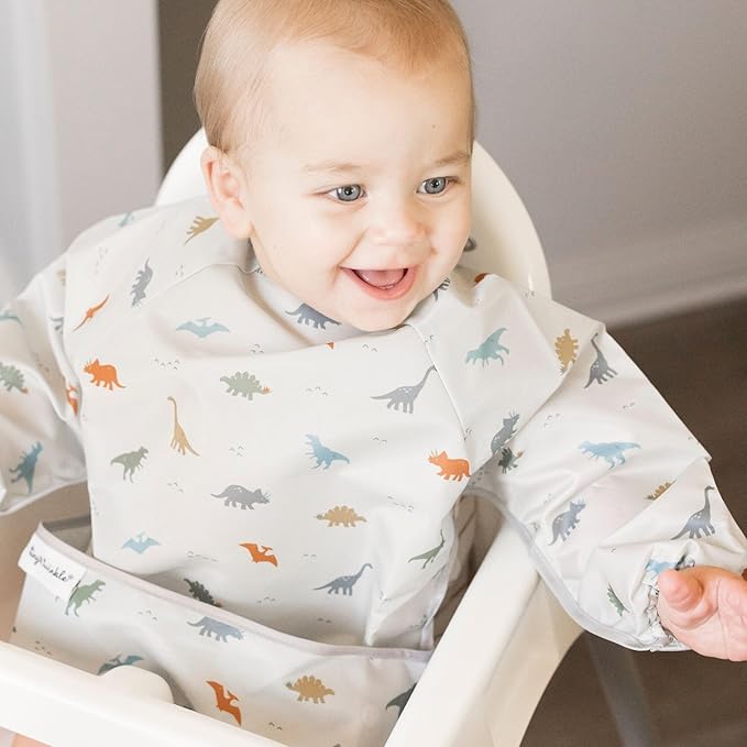 Tiny Twinkle Long Sleeve Bib for Babies & Toddlers – Waterproof Smock Bib for Eating – Machine Washable & Mess-Proof, Baby Feeding Essential & Shower Must-Have(Dinosaur, 6–24M)
