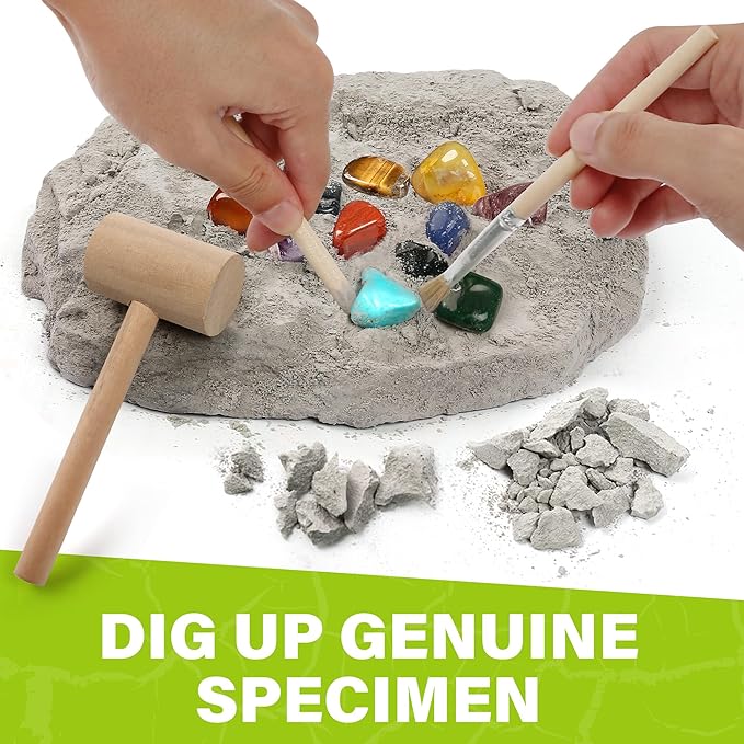 LotFancy Gemstone Dig Kit, Excavate 20 Real Gems, Science Kit for Kids Age 8-12, Educational Toy, Birthday Gift for Boys Girls with Mining Tools