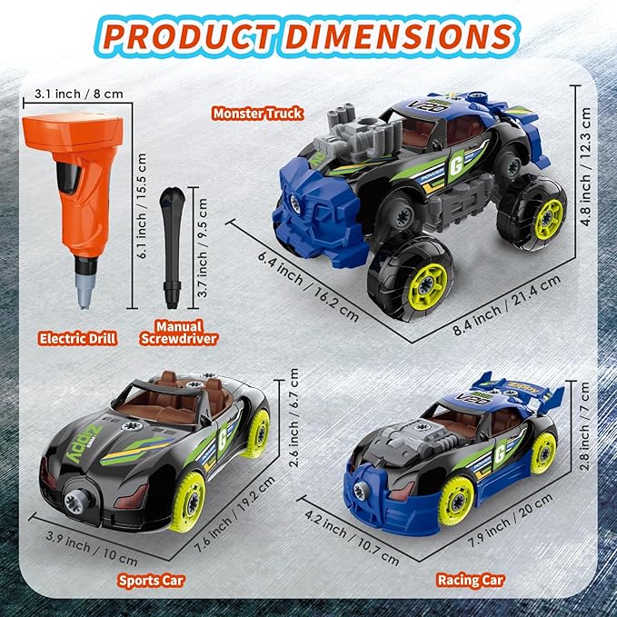 3-in-1 Building Car for Boys Ages 3+, Take Apart Car with Electric Drill, 43 Pcs Construction Toy Truck, Build Your Own Cars with Play Tools, Ideal Educational Present for Kids Children (Black)