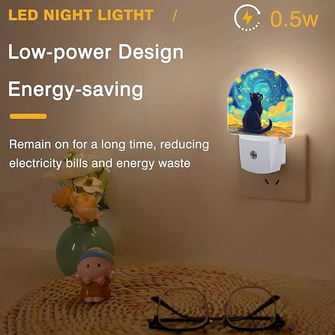 Night Lights Plug into Wall Black Cat Watching Starry Night Night Light Dusk to Dawn Smart Sensor Decorative Round Led Lamp for Bedroom Kitchen Hallway Nightlight for Women Men