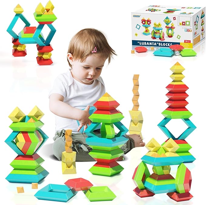 100Pcs Montessori Toys for Ages 1-3 2-5 Toddlers Kids Baby,Pyramid Stacking Building Toys,3D Preschool Learning Blocks for Kids,STEM Sensory Toy Gifts for 2-4 Year Old Boy Girl,Big Plastic Storage Box