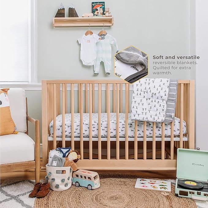 Burt's Bees Baby Infant Reversible Blankets 100% Organic Cotton GOTS Certified - Pine Forest Prints with Quilting Pattern Soft Nursery Blanket with 100% Polyester Fill for Size 30 x 40 Inch