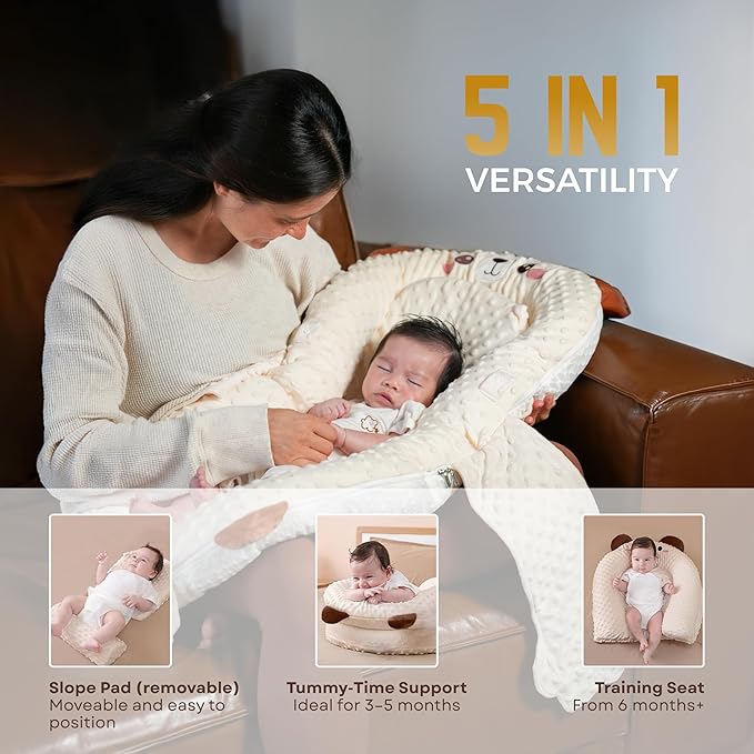 Baby Lounger for Newborns to 12 Months, Premium Velvet Cover, Infant Nest, Tummy Time Mat, Bottle Feeding Pillow & Portable Co-Sleeper Bed with Carrot & Banana Toys