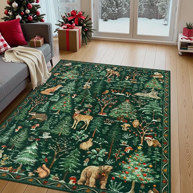 OJIA Christmas Area Rug 5x7 Washable Rugs for Living Room, Green Animal Bedroom Carpet Ultra-Thin Non-Slip Nursery Rug, Xmas Holiday Rug Indoor Carpet for Kids Playroom Entryway Dining Room