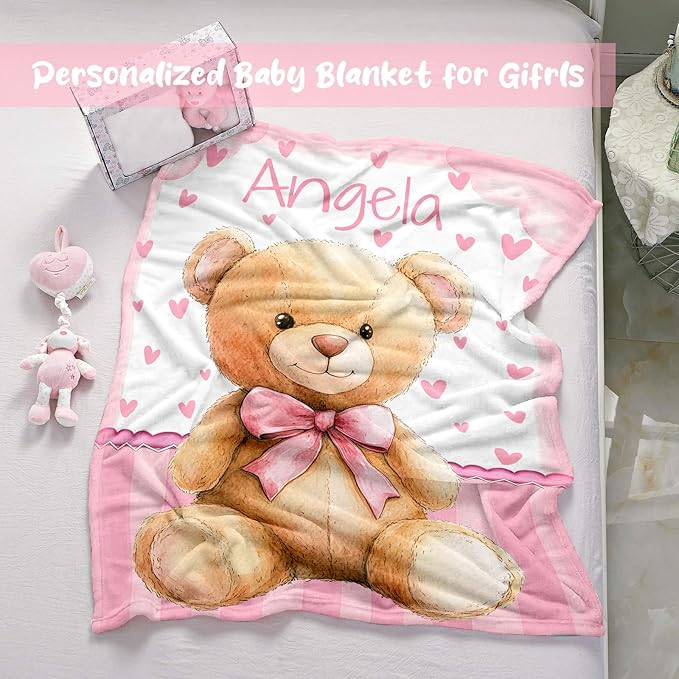 Personalized Baby Blanket for Girls, Custom Baby Blanket with Name, Soft Cozy Personalized Name Blankets for Kids, Customized Bear Blanket for Infant Toddler Birthday Christmas