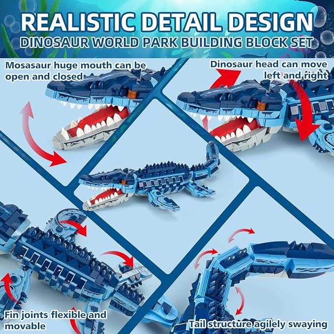 805 Pcs Mosasaur Dinosaurs Building Set,Sea Creatures Creativit Model Building Kit,STEM Dinosaur World Park Building Toy,DIY Functional Sea Scene Display,Christmas Birthday Gifts for Boys,Teens,Adults