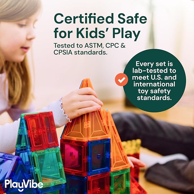 PLAYVIBE Magnetic Tiles - 60 Piece Set, Multicolor - Hands-On STEM Play & Stem Toys - Strong Magnets & Magnetic Tile Blocks - Sensory Toys & Car Creations