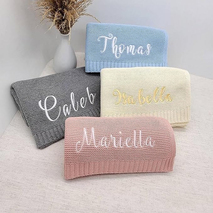 Luxury Personalized Name Knitted Baby Blanket - Embroidered, Soft Breathable Cotton Knit for Newborns - Valentine's Gift for New Moms Baby Boy Girl Birthday Christmas