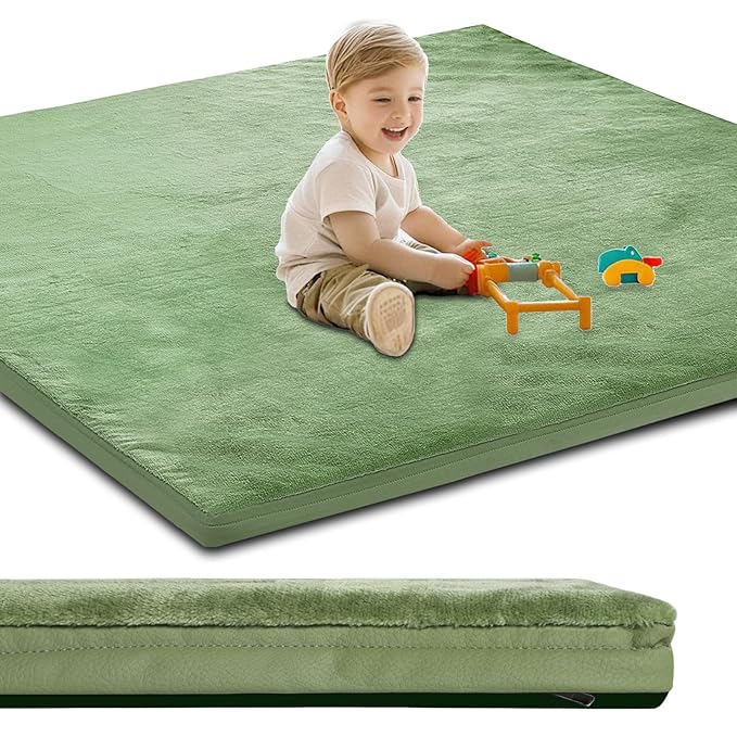 Baby Play Mat for Floor,1.2" Thick Padded Foam 50x50 playpen mat,Soft Velvet&Non-Slip Leather,Removable Cover,Washable,Nursery Rug for Baby Crawling,Toddlers,Infants,Kids,Yoga,Tatami,Sage Green