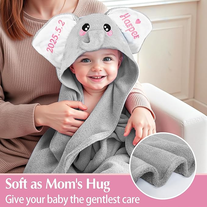 Custom Hooded Bath Towel with Name, Personalized Highly Absorbent Elephant Towels, Baby Bath Towels for Girls Boys, Christmas Brithday for Baby, Toddler, Newborn (Grey)
