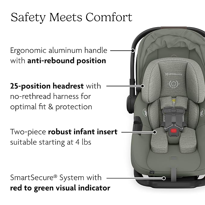 UPPAbaby Aria V2 Lightweight Infant Car Seat - Just Under 6 lbs - Base with Load Leg + Infant Insert + All-Weather FootCover Included - Direct Stroller Attachment - Evelyn (Green Meadow)