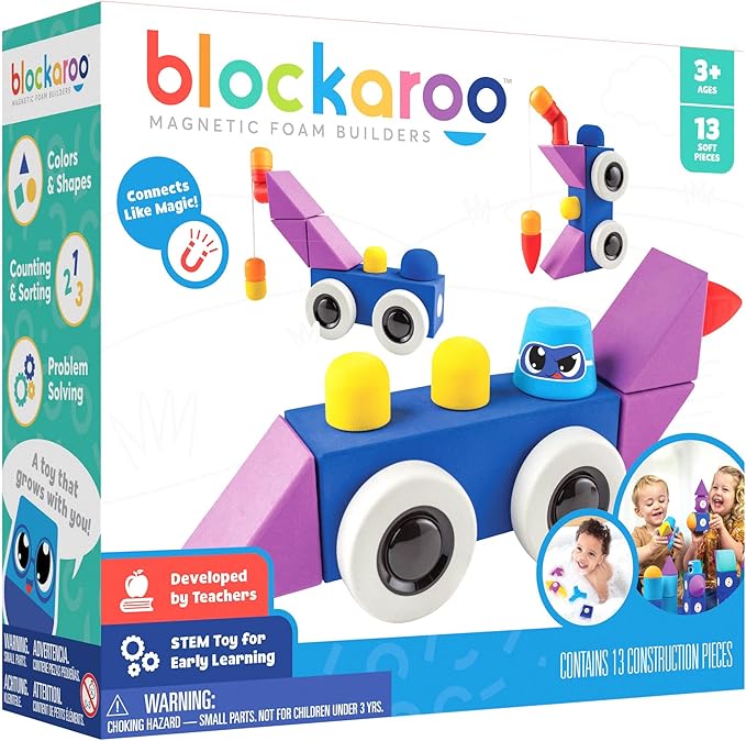 Blockaroo Magnetic Foam Building Blocks - 13-Piece Roadster, Bath Toys for Toddlers, Preschool Toys, Bathtub Toys, Sensory Toys, Blocks for Toddlers 3-5, Engineering Toys for Kids 3-5, Bath Blocks