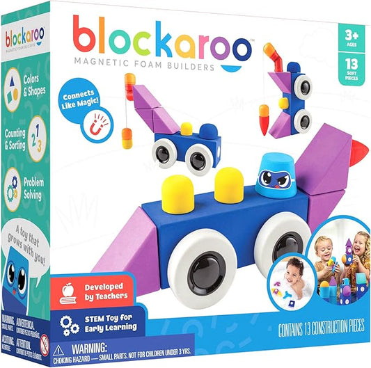 Blockaroo Magnetic Foam Building Blocks - 13-Piece Roadster, Bath Toys for Toddlers, Preschool Toys, Bathtub Toys, Sensory Toys, Blocks for Toddlers 3-5, Engineering Toys for Kids 3-5, Bath Blocks