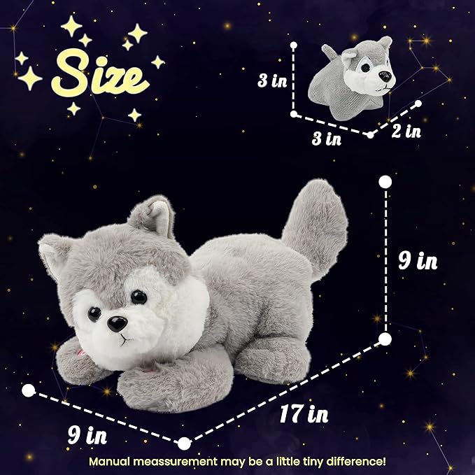 Hopearl LED Plush Husky Lighting Up Stuffed Mommy Dog with 3 Baby Puppies in her Tummy Stuffed Animal Playset Night Lights Glow in The Dark Gifts for Mom Toddler Boys Girls, Gray, 17''