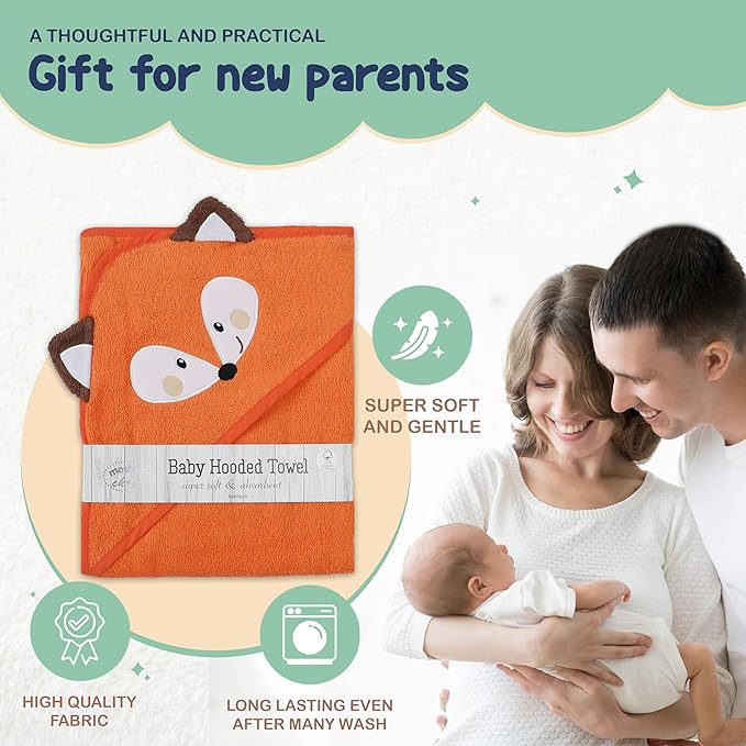 Mother's Choice Organic Baby Hooded Towel Ultra Soft & Absorbent Bath Wearable for Newborns, Infants, 3D Orange Fox Design