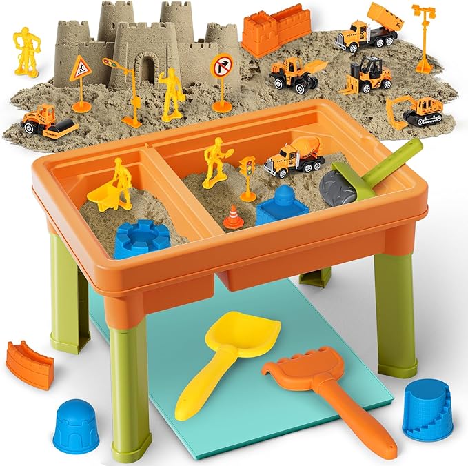 Lehoo Castle Sensory Table with Sensory Sand, Sensory Bin with Lid & 2.6lbs Play Sand, Construction Kit with 6 Alloy Trucks & Castle Molds, Sensory Toys for Toddler Boys and Girls