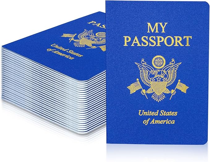 100 Pcs Blank Passport Notebook Blue Passport Book Fake Passport Travel Journal Sticker Collection Book for Kids School Projects World Travel Pretend Activity Party Favors, 5.51x3.9 Inch