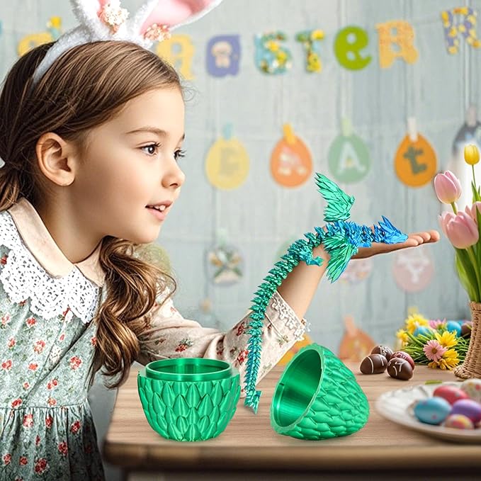 3D Printed Dragon Eggs with Articulated Fly Dragon Inside, Collectible Figurines Fidget Toy for Adults Kids Birthday Easter Christmas White Elephant Gifts for Friends Colleagues(Silk Green, M size)