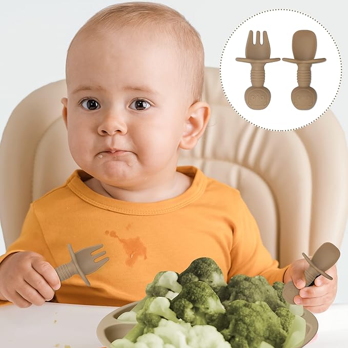 Baby Feeding Set 10-Piece | Baby Led Weaning Utensils Set Includes Suction Bowl and Plate, Baby Spoon and Fork, Sippy Cup, Straw, Lid & 2Bibs | Baby Feeding Supplies (B-Beige)