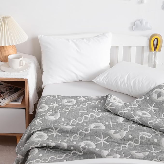 NTBAY 3 Layer Oversized Muslin Cotton Toddler Blanket, 45x60 Inches Jacquard Reversible Nursery Bed Blanket, Super Soft and Thermal Crib Blanket for All Seasons, Baby Gift, 45"x60", Grey Starfish